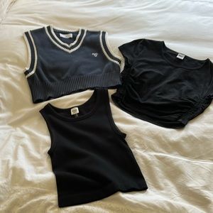 TNA Aritzia Blue White Sweater Vest, Black Crop Top Sunday Best. 2XS/S Lot of 3